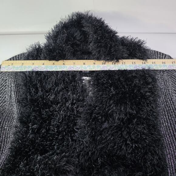 Lauren Michelle Silver Black Sparkly Fuzzy Trim Cardigan Size Medium Party - Picture 7 of 13